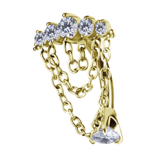 Load image into Gallery viewer, 24k Gold PVD surgical steel navel barbell with five prong-set cubic zirconia stones at the top and a 5mm prong-set cubic zirconia at the bottom. With 3 connected cascading chains. On white background
