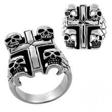 Load image into Gallery viewer, A high polished stainless steel ring with a cross design and four tiny skulls on each corner, shown from different angles.
