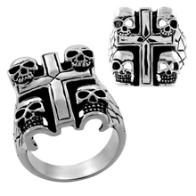 Load image into Gallery viewer, A high polished stainless steel ring with a cross design and four tiny skulls on each corner, shown from different angles.
