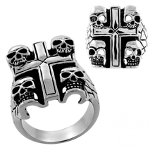 Load image into Gallery viewer, A high polished stainless steel ring with a cross design and four tiny skulls on each corner, shown from different angles.
