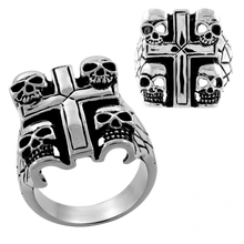 Load image into Gallery viewer, A high polished stainless steel ring with a cross design and four tiny skulls on each corner, shown from different angles.
