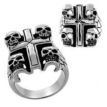 Load image into Gallery viewer, A high polished stainless steel ring with a cross design and four tiny skulls on each corner, shown from different angles.
