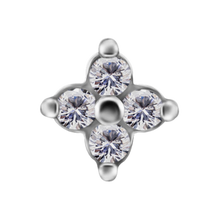Load image into Gallery viewer, A silver-toned cobalt chrome nickel free four-petal attachment featuring four round-cut clear cubic zirconias in a floral clover arrangement, isolated on a white background.
