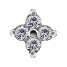 Load image into Gallery viewer, A silver-toned cobalt chrome nickel free four-petal attachment featuring four round-cut clear cubic zirconias in a floral clover arrangement, isolated on a white background.
