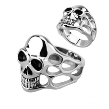 Load image into Gallery viewer, high polished stainless steel rings with a casted skull and smoke design, viewed from different angles.
