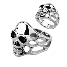 Load image into Gallery viewer, high polished stainless steel rings with a casted skull and smoke design, viewed from different angles.
