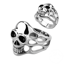 Load image into Gallery viewer, high polished stainless steel rings with a casted skull and smoke design, viewed from different angles.
