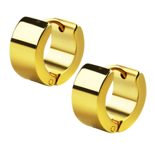 Load image into Gallery viewer, A pair of wide gold PVD stainless steel huggie earrings with flat edge
