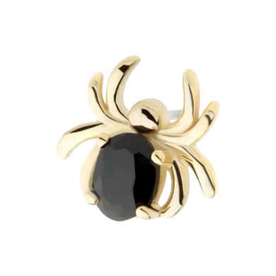 A 14Kt yellow gold threadless prong set with a black oval cubic zirconia spider top.