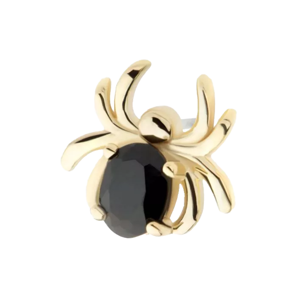 A 14Kt yellow gold threadless prong set with a black oval cubic zirconia spider top.