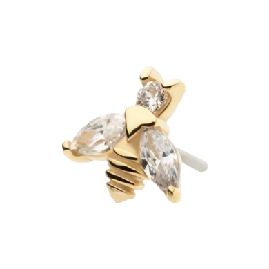 A 14Kt yellow gold threadless bee top with a prong set round and marquise clear CZ.