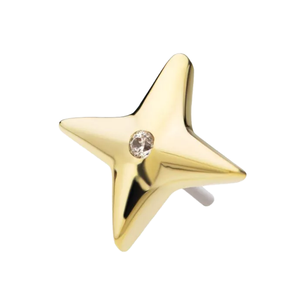 A 14Kt yellow gold threadless starburst with a centre cubic zirconia top, designed for use in body jewellery.