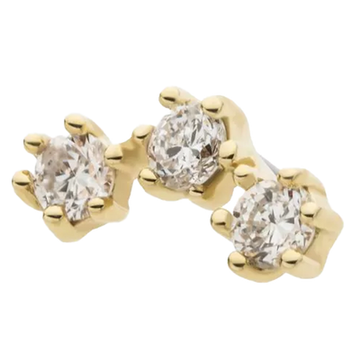 14k yellow gold threadless attachment with three prong set diamonds, made for threadless body jewellery