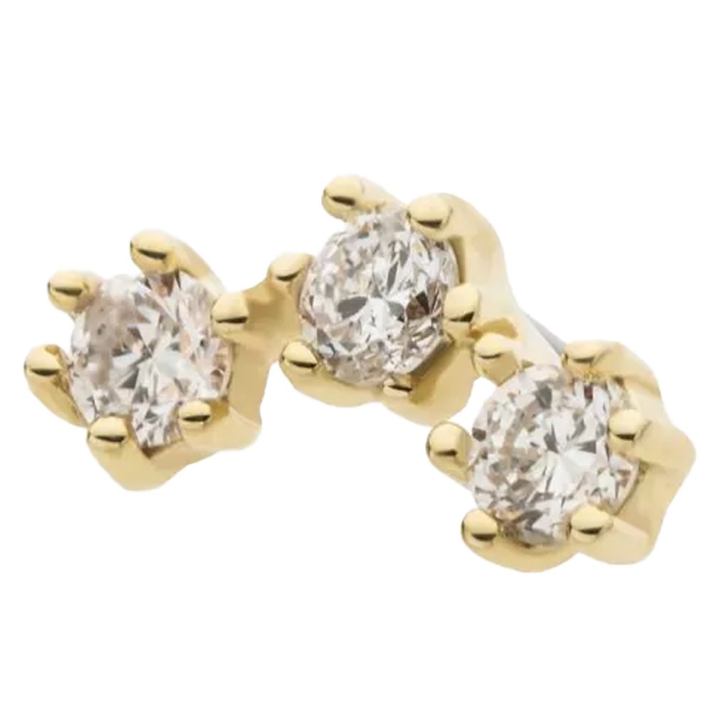 14k yellow gold threadless attachment with three prong set diamonds, made for threadless body jewellery