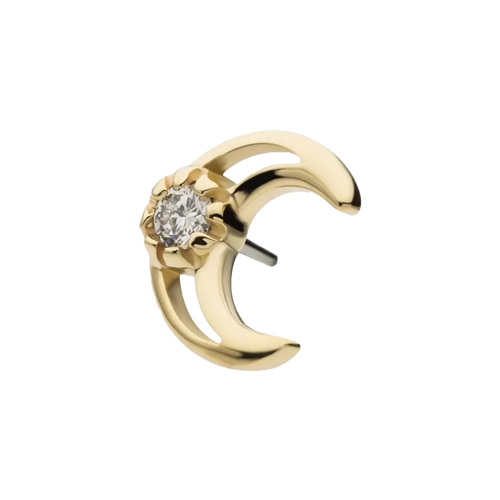 A 14kt gold threadless cut-out crescent moon top with a center round lab-grown diamond.