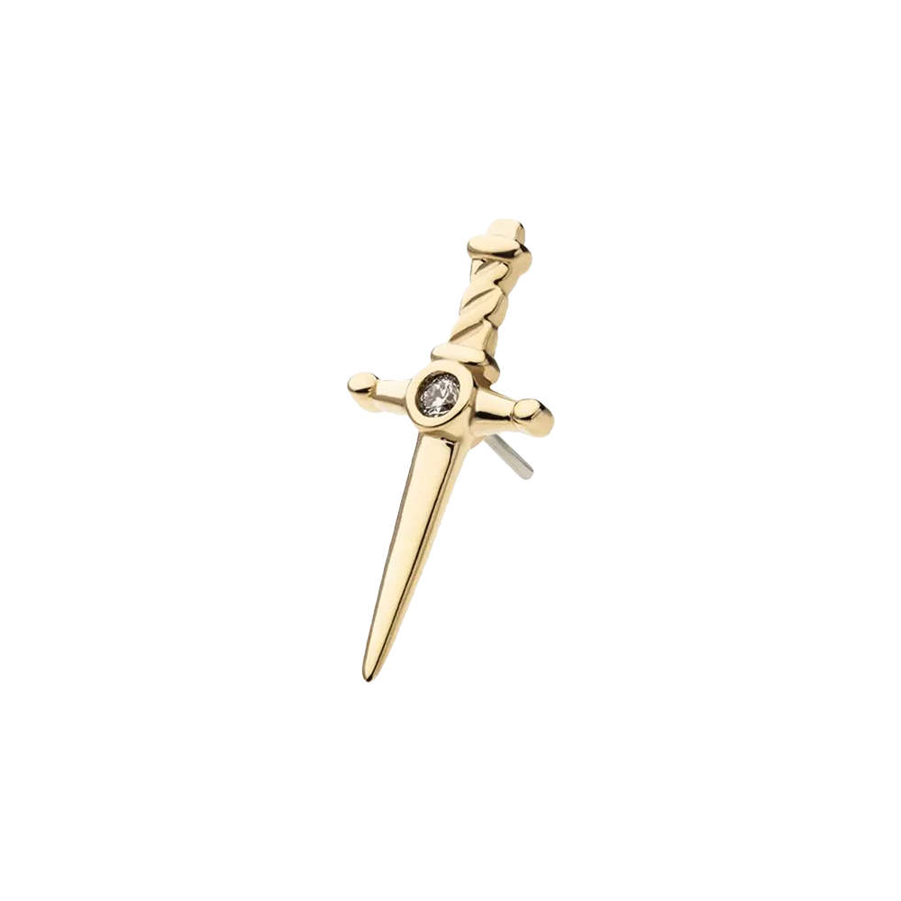 A 14Kt yellow gold threadless dagger top with a center bezel set round lab-grown diamond.