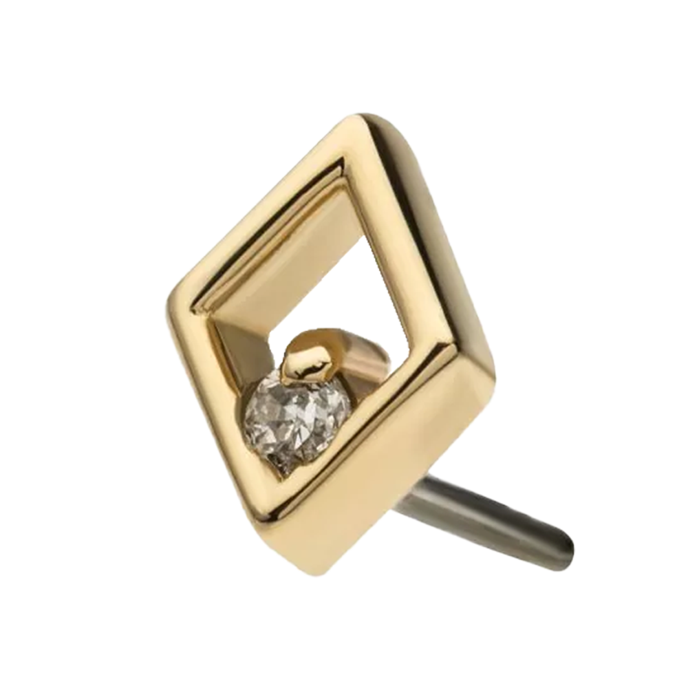 14k yellow gold diamond shape threadless attachment with a gem 