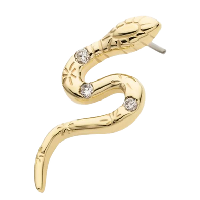 A 14Kt yellow gold threadless snake top with bezel set three round lab-grown diamonds.