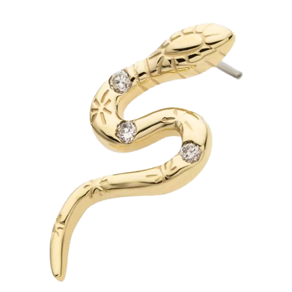 A 14Kt yellow gold threadless snake top with bezel set three round lab-grown diamonds.