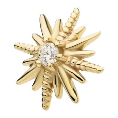 A 14Kt yellow gold threadless sunburst top with a centre lab-grown diamond, designed for use in body jewellery.