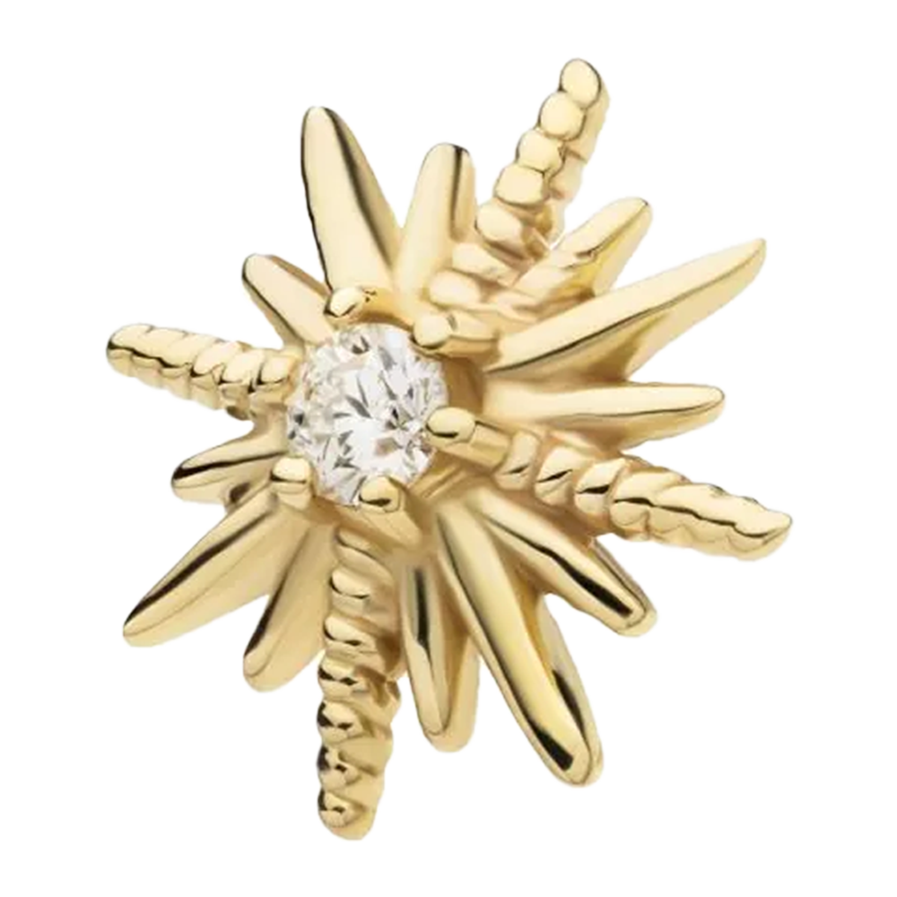 A 14Kt yellow gold threadless sunburst top with a centre lab-grown diamond, designed for use in body jewellery.