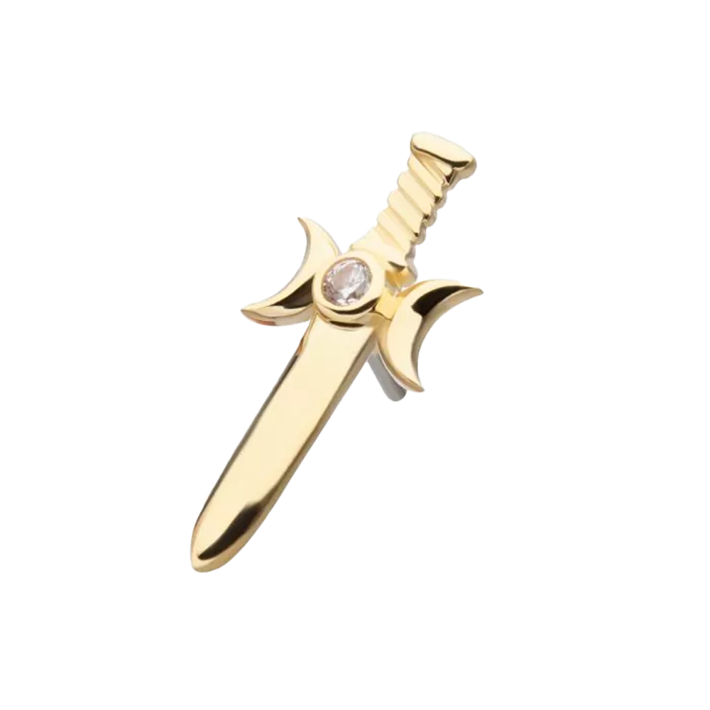 14k yellow gold dagger with moon design with a cubic zirconia, made for threadless body jewellery
