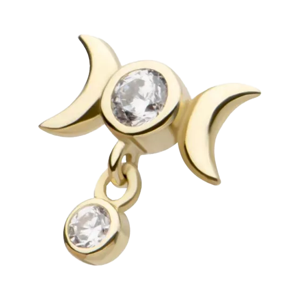 A 14Kt yellow gold threadless triple moon phase top with a dangle bezel set round CZ, designed for body jewellery.