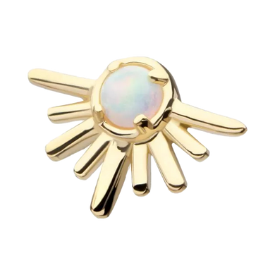 A 14K yellow gold threadless prong set round white opal half starburst top.
