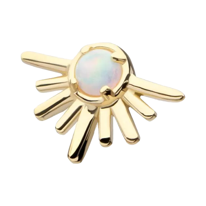 A 14K yellow gold threadless prong set round white opal half starburst top.