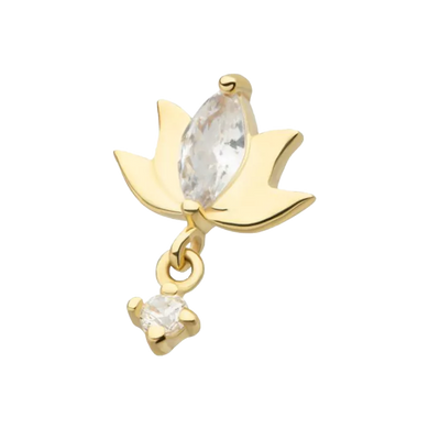 A 14K gold threadless attachment with a marquise cut cubic zirconia at the top and a dangle round CZ gem at the bottom, designed in the shape of a lotus flower.