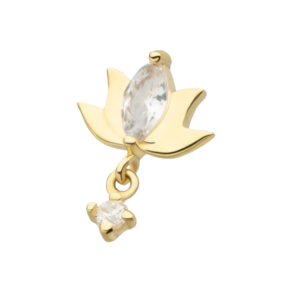 A 14K gold threadless attachment with a marquise cut cubic zirconia at the top and a dangle round CZ gem at the bottom, designed in the shape of a lotus flower.
