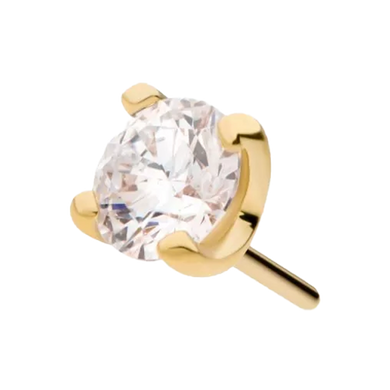 A 14K gold prong-set diamond with a clear, round-cut diamond set in a gold mounting.