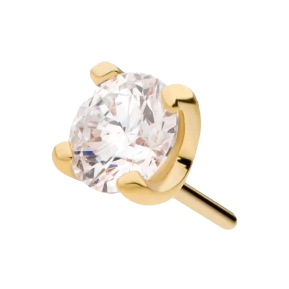 A 14K gold prong-set diamond with a clear, round-cut diamond set in a gold mounting.