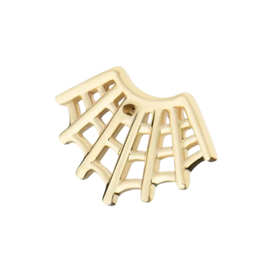A 14Kt yellow gold threadless fan shape spiderweb top with a durable steel pin attachment.