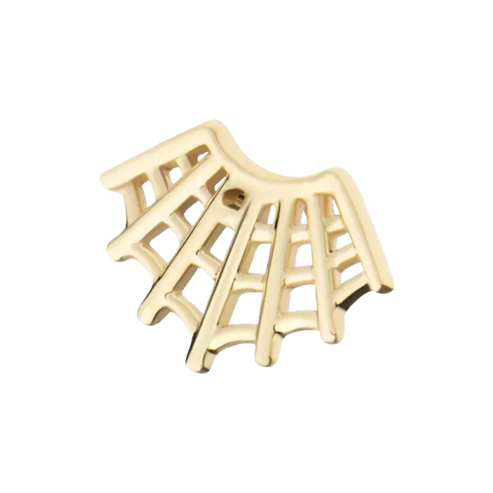 A 14Kt yellow gold threadless fan shape spiderweb top with a durable steel pin attachment.