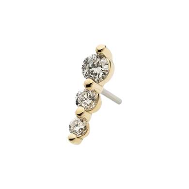 A 14Kt yellow gold threadless cluster top with three round lab-grown diamonds set in a gold-colored frame, designed for use as a jewelry attachment.