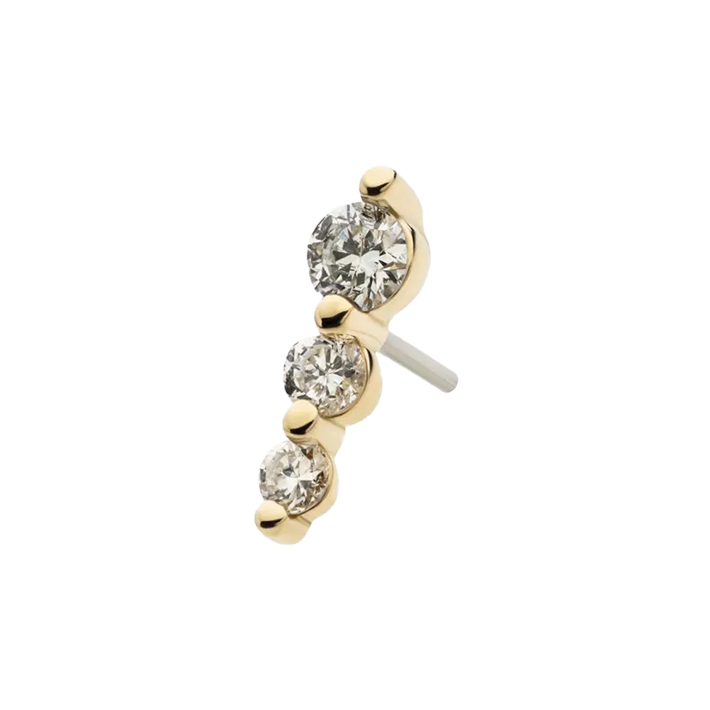 A 14Kt yellow gold threadless cluster top with three round lab-grown diamonds set in a gold-colored frame, designed for use as a jewelry attachment.