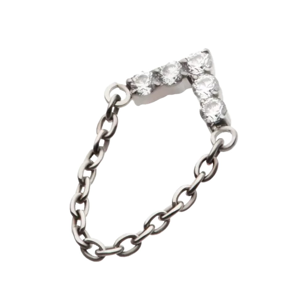A titanium chevron-shaped body jewellery with a single connecting chain and threadless attachment.