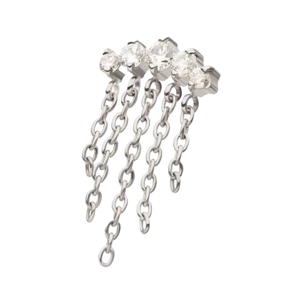 A titanium threadless 5-cluster round AAA CZ top with 5 dangle chains.