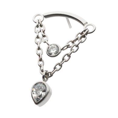 Titanium curved bar threadless top with double connecting chains featuring a bezel set CZ and Teardrop CZ