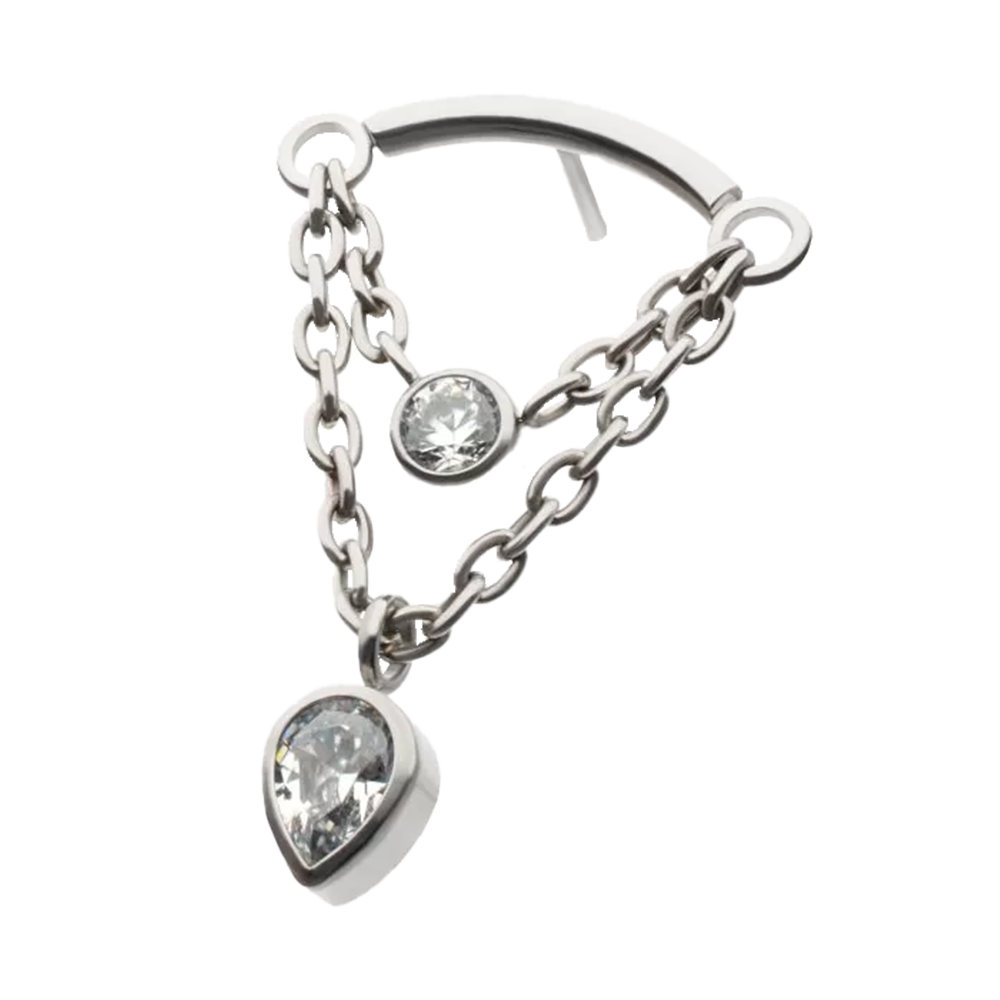 Titanium curved bar threadless top with double connecting chains featuring a bezel set CZ and Teardrop CZ