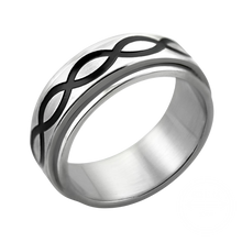 Load image into Gallery viewer, Silver steel spinner ring with black infinity design 
