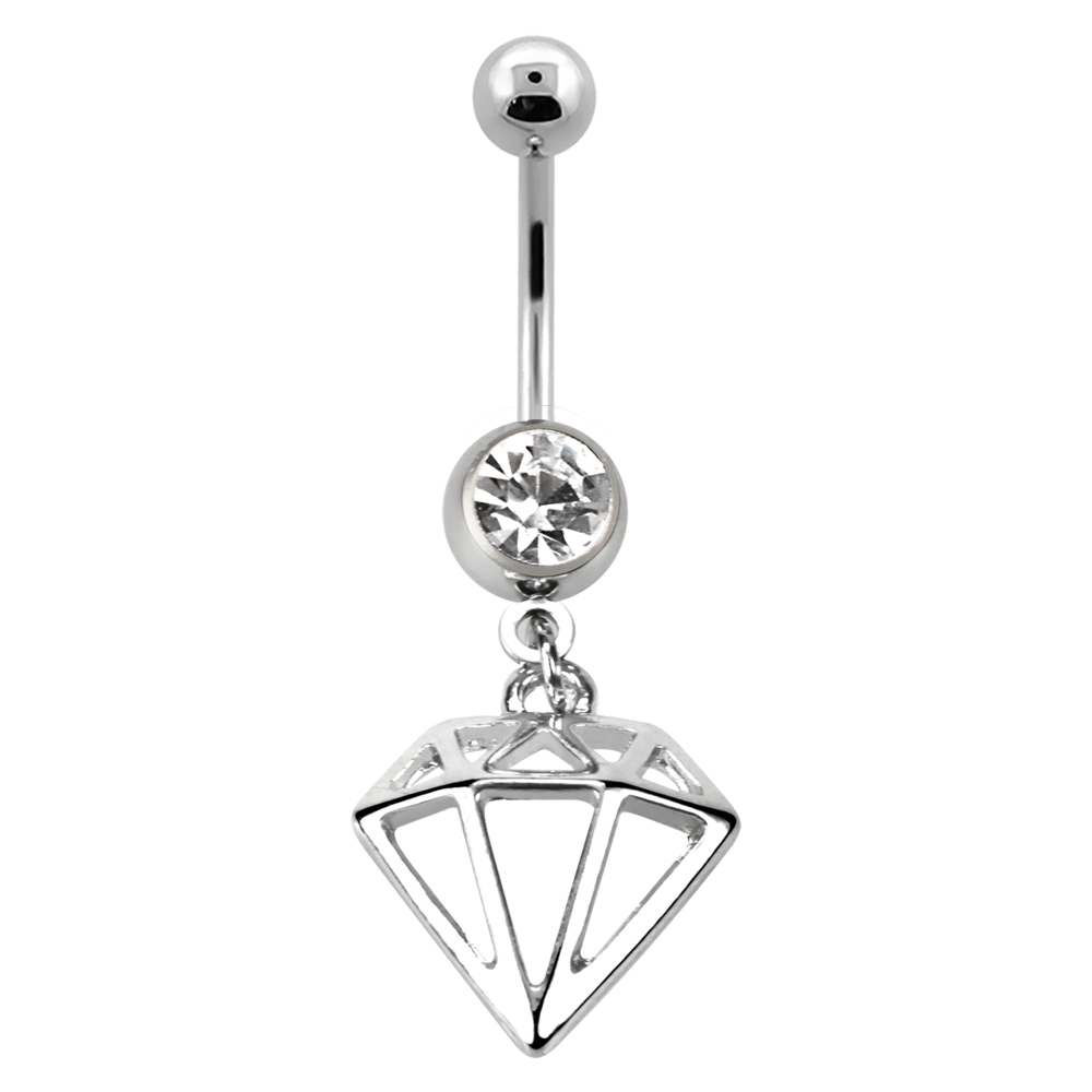 Surgical steel navel barbell with a clear bezel set cubic zirconia stone and a diamond cut out dangly charm 