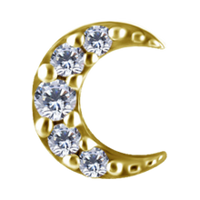 Load image into Gallery viewer, A 18k Gold PVD cobalt chrome nickel free crescent moon-shaped attachment adorned with five clear round-cut rhinestones, shown on a plain white background.
