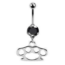 Load image into Gallery viewer, Surgical steel navel barbell with a black prong-set cubic zirconia stone and a brass knuckle charm dangly
