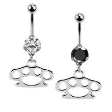 Load image into Gallery viewer, Navel barbells with prong set cubic zirconia stones and a knuckle duster dangly charm
