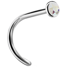 Load image into Gallery viewer, A curved nose stud with a bezel set crystal at the end.
