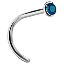 Load image into Gallery viewer, A curved nose stud with a bezel set crystal at the end.
