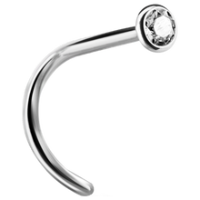 Load image into Gallery viewer, A curved nose stud with a bezel set crystal at the end.
