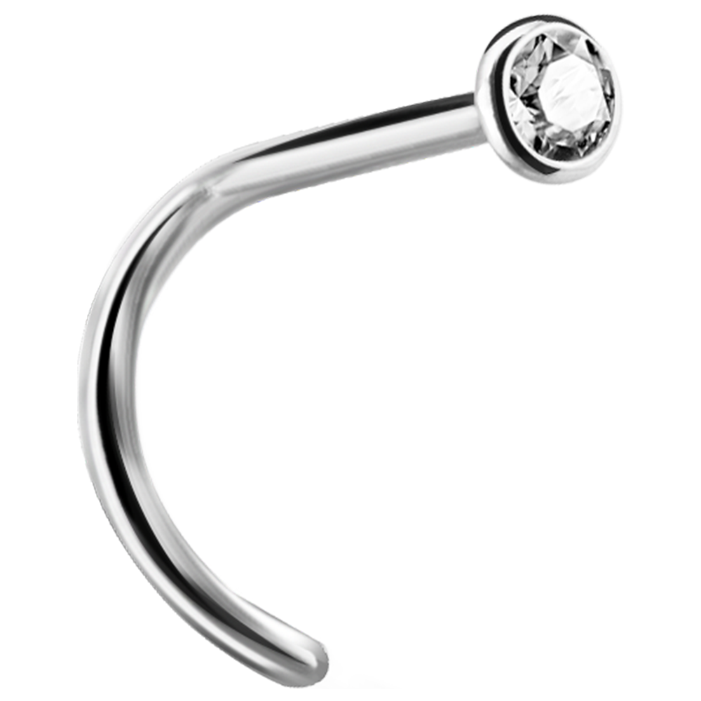 A curved nose stud with a bezel set crystal at the end.